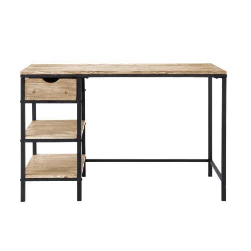 Möbel Schreibtische | Schreibtisch im Industrial-Stil aus massivem Tannenholz und Metall, geweißt - BK00564