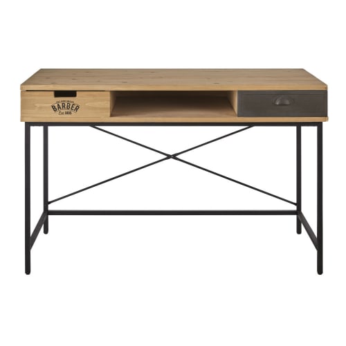 Möbel Schreibtische | Schreibtisch im Industrie-Stil mit 2 Schubladen aus massivem Tannenholz und schwarzem Metall - YV16524