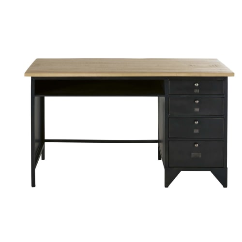Möbel Schreibtische | Schreibtisch im Industrie-Stil mit 4 Schubladen aus grauem Metall und massiven Mangoholz - QF71688