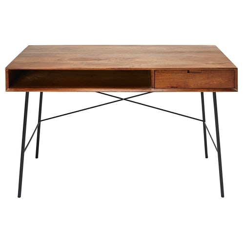 Möbel Schreibtische | Schreibtisch mit 1 Schublade aus massivem Mangoholz und schwarzem Metall - XJ12321
