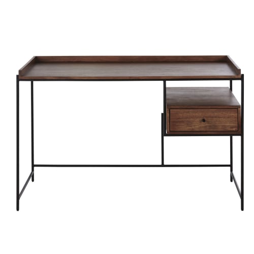 Möbel Schreibtische | Schreibtisch mit 1 Schublade, braun mit schwarzem Metall - ZO64501