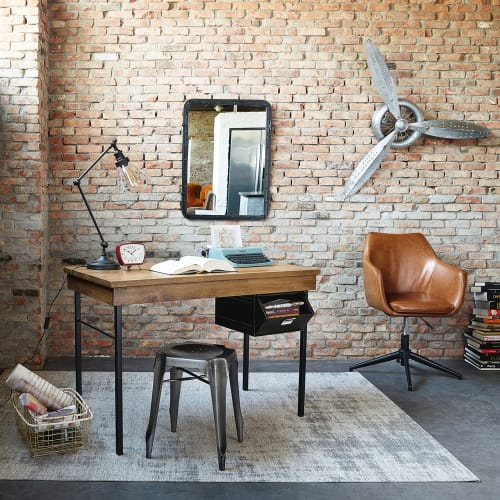 Schreibtischsessel aus beschichtetem braunem Stoff in gealterter Optik