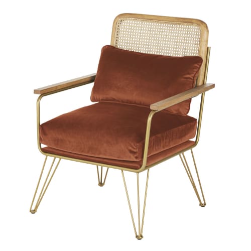 Sofas und sessel Sessel | Sessel aus Rattangeflecht mit orangebraunem Samtbezug - XJ64716