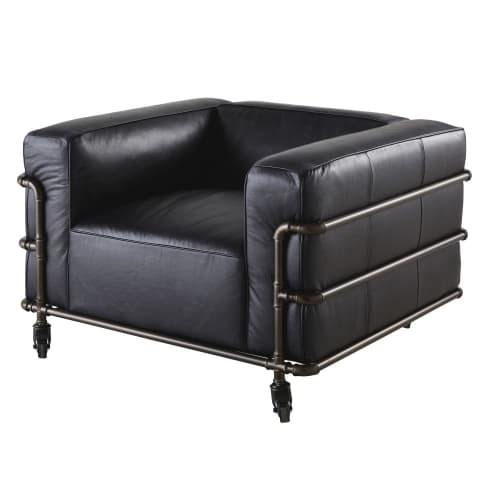 Sofas und sessel Sessel | Sessel im Industrial-Stil mit Rollen und schwarzem Lederbezug aus Metall - UH24992