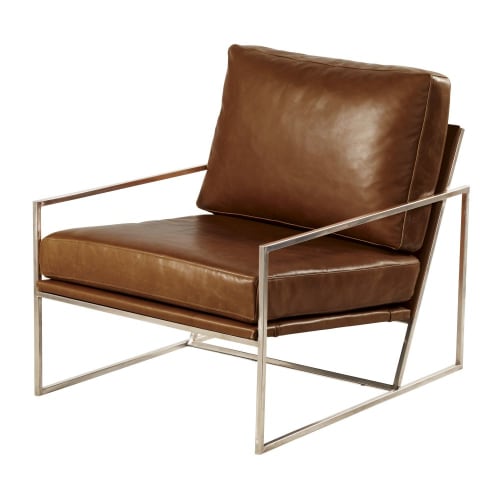 Sofas und sessel Sessel | Sessel mit camelfarbenem Lederbezug und Füßen aus verchromtem Metall - KU46704