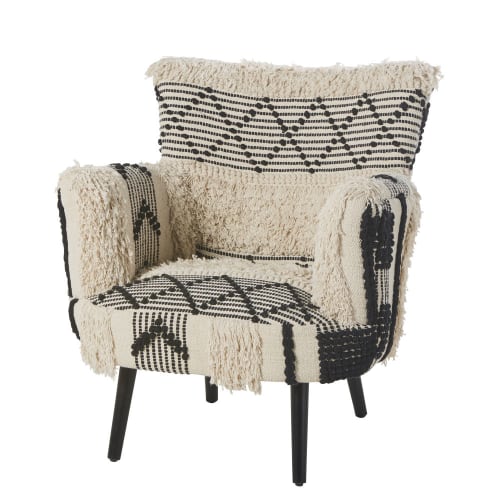 Sessel mit geflochtenem Baumwollbezug, elfenbeinfarbene und schwarze Motive