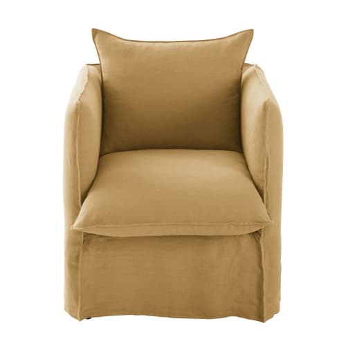 Sessel mit ockerfarbenem Leinen-Crinkle-Bezug