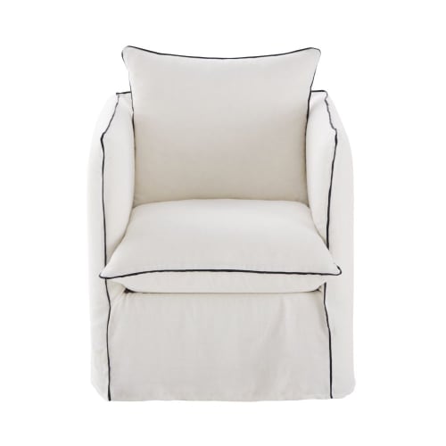 Sessel mit weißem Leinen-Crinkle-Bezug und schwarzen Volants