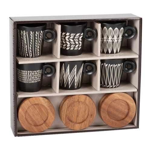 Tischkultur Tassen und Becher | Set aus 6 bedruckten Steinzeugtassen und Untertassen aus Bambus - PQ09525