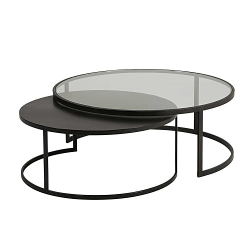 Set of 2 Tempered Glass and Black Metal Nest of Tables