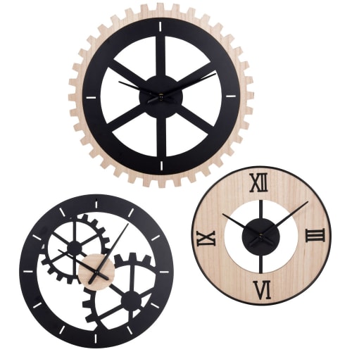 Set of 3 beige wood and black metal clocks