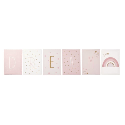 Kids Children's wall decor | Set of 6 pink and white canvases 20x28cm - NM61096