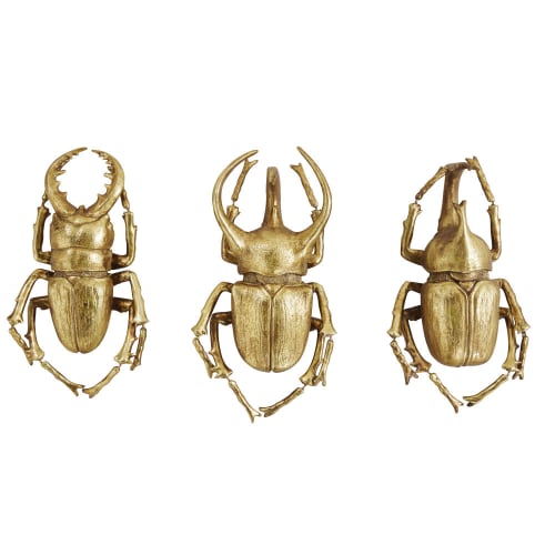 Set of three gold-coloured resin insects wall art decoration
