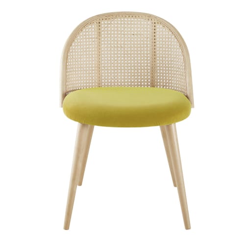 Silla vintage amarilla con rejilla de ratán y abedul macizo Mauricette
