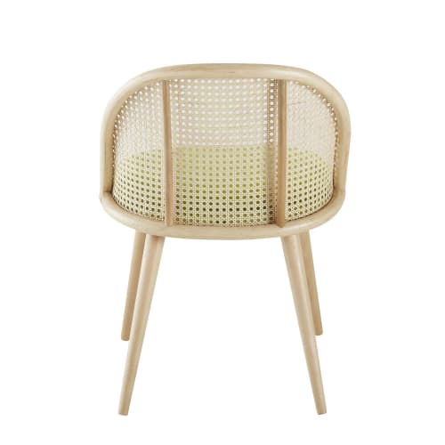 Silla vintage amarilla con rejilla de ratán y abedul macizo Mauricette