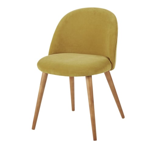 Silla vintage de terciopelo amarillo y abedul macizo Mauricette