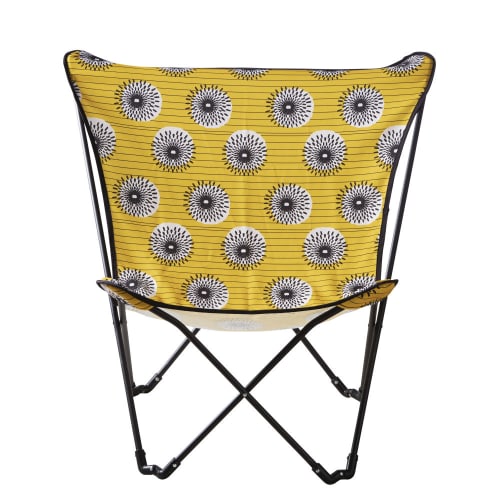 Sillón de jardín plegable de metal negro y tela amarilla con estampado
