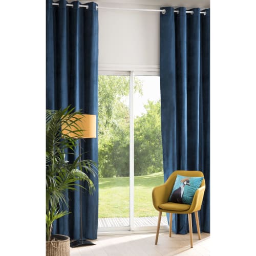 Single Blue Velvet Eyelet Curtain with Jacquard Print 140x300 Venezia