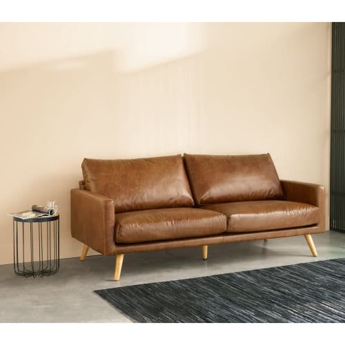 Sofá 3 lugares de pele castanhoconhaque Hooper Maisons du Monde