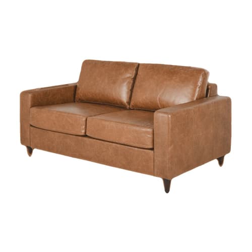 Sofá cama de 2/3 plazas de cuero camel, colchón de 10 cm Henry