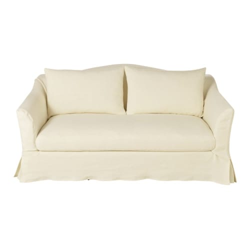 Sofá cama de 2 plazas de lino grueso color marfil con colchón de 10 cm
