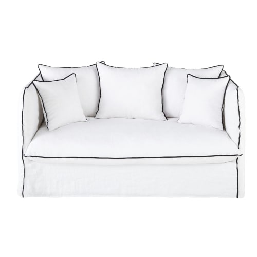 Sofá cama de 2 plazas de lino lavado blanco con volantes negros Louvain | Maisons  du Monde