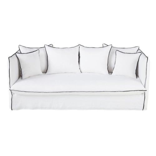 Sofá cama de 3/4 plazas de lino lavado blanco con volantes negros Louvain | Maisons  du Monde