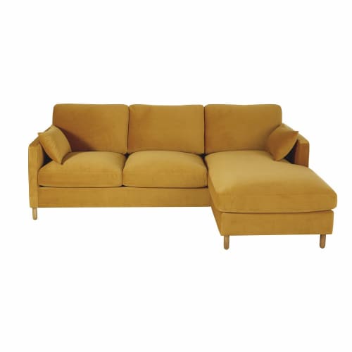Sofá cama esquinero derecho de 5 plazas de terciopelo amarillo mostaza con colchón de 10 cm