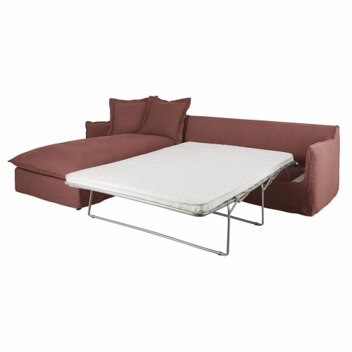 sofa cama esquinero izquierdo de 6 plazas de lino grueso color rojo maisons du monde