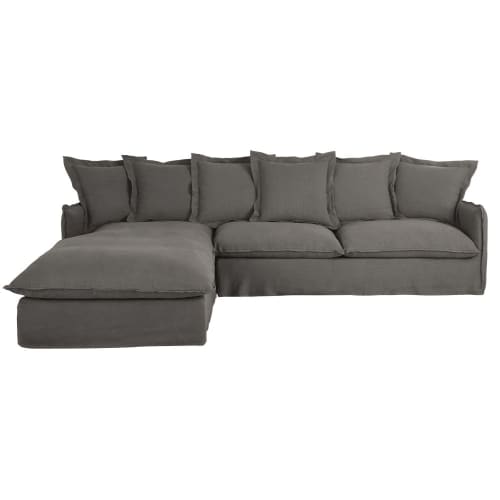 Sofá cama esquinero izquierdo de 6 plazas de lino grueso gris
