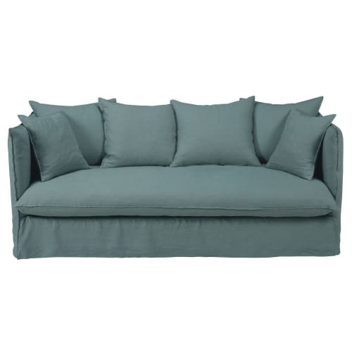 Sofá de 3 plazas de lino arrugado azul celedón