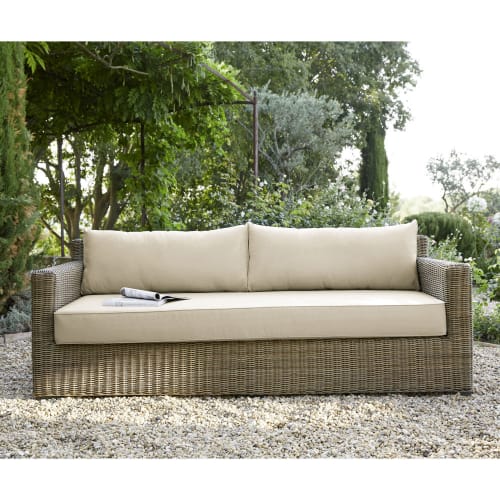 Sofá de jardim de 3/4 lugares de resina entrançada e tecido cor areia