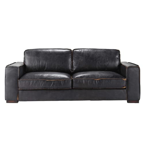 sofa vintage de 3 plazas de cuero negro maisons du monde