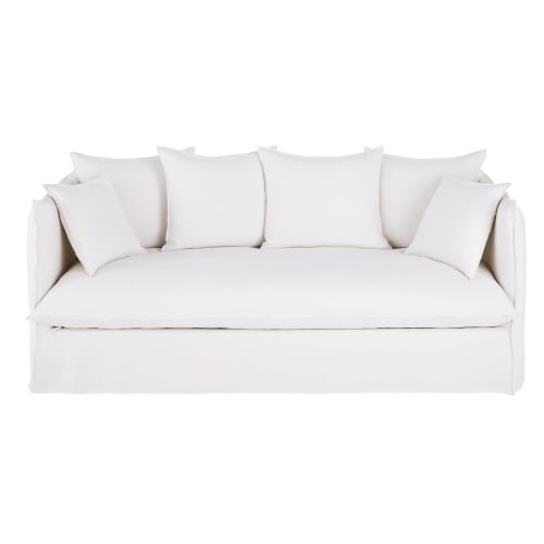 Sofabezug für 3/4-Sitzer-Sofa aus Premiumleinen, weiß