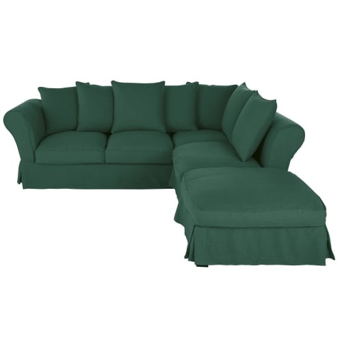 Sofabezug für ausziehbares 5-Sitzer-Ecksofa (Matratze 12cm) aus Crinkle-Leinen, grün
