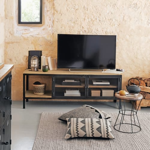 Solid Mango Wood And Black Metal Industrial Tv Cabinet Century Maisons Du Monde