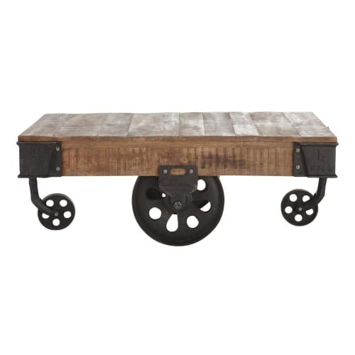 Solid mango wood and metal industrial coffee table on castors W 130cm