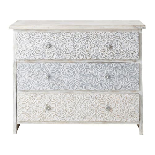 Solid mango wood carved Indian chest of drawers in white W 100cm