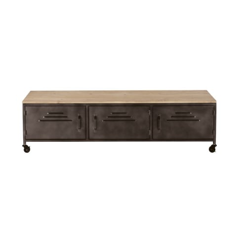 Solid pine and grey metal TV stand on castors with 3 doors