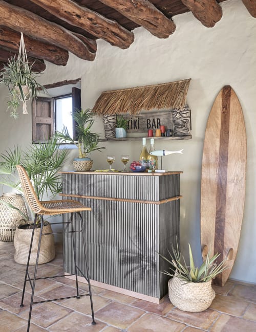 Solid Pine and Grey Palm Tree Print Corrugated Metal Bar Santa Cruz | Maisons du Monde