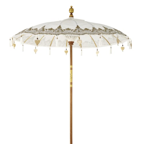 Sonnenschirm aus Teak und Ecru-Baumwolle mit goldenen Motiven