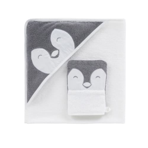 Sortie De Bain Bebe En Coton Bio Blanc Et Gris Avec Capuche Pingouin Alesund Maisons Du Monde