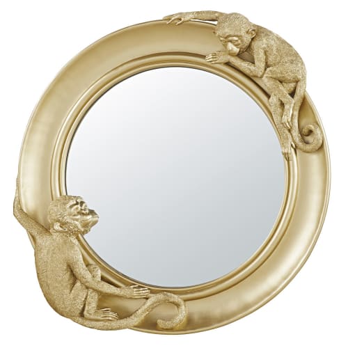 Specchio rotondo dorato e dettagli scimmie Ø 93 cm