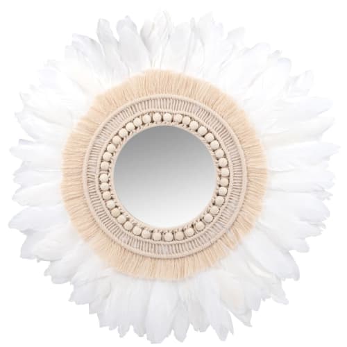 Specchio rotondo in cotone e piume bianche, 60 cm
