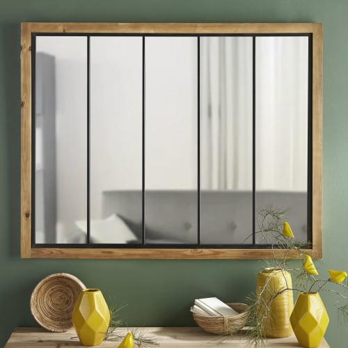 Spiegel mit Rahmen aus Kiefernholz und schwarzem Metall 120x95