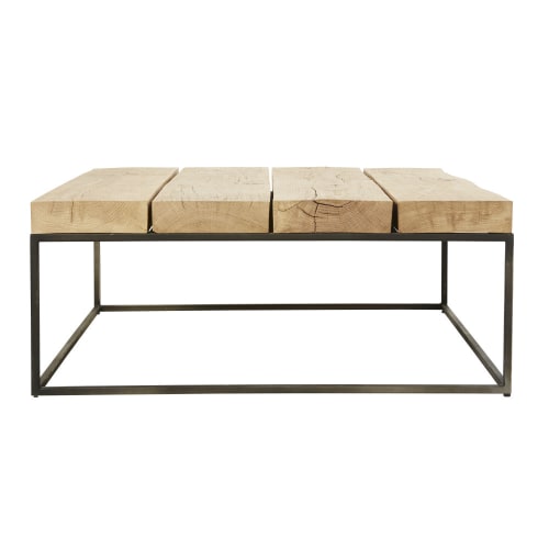 Square Black Metal and Solid Oak Coffee Table