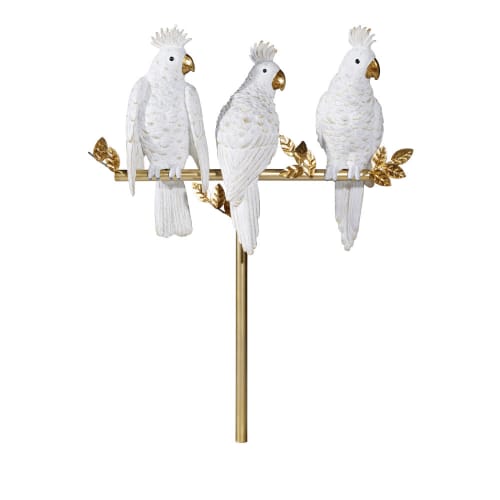 Statua 3 pappagalli su ramo bianca e oro opaco alt. 50 cm