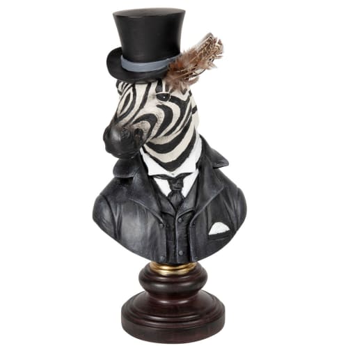 Statuetta zebra fantasia e piume nere, bianche e marroni alt. 30 cm