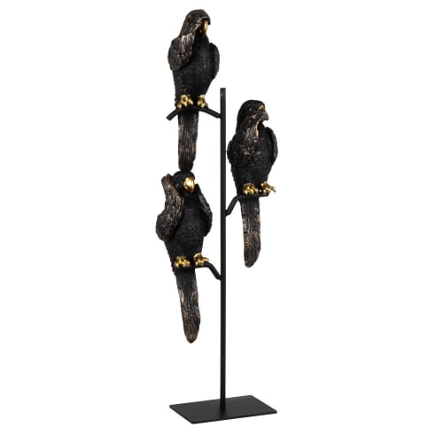 Statuette perroquets en résine et métal noir et doré