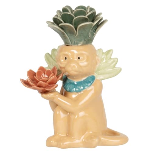 Statuette singe en porcelaine verte, beige, bleue et rose H15